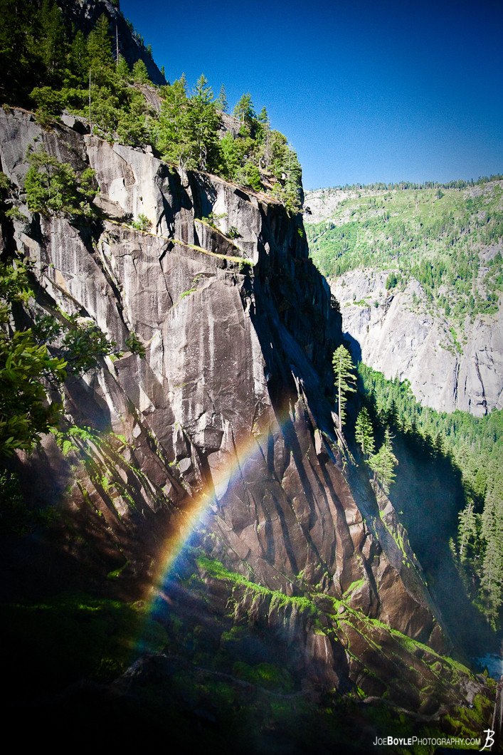  Rainbow created through the mist from Vernal Falls on Mist Trail. (The Mist Trail is a parallel trail to the John Muir Trail) 