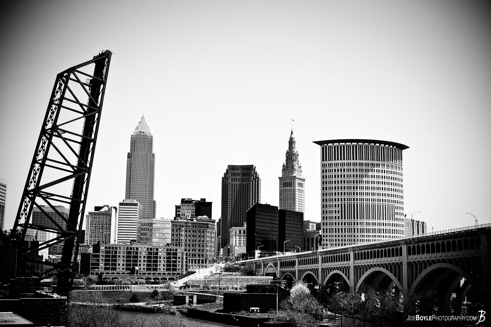  A photo of the Cleveland Skyline. From left to right the 4 tallest buildings are The Key Tower, The BP-Huntington Building, The Terminal Tower and the Federal Courthouse. 