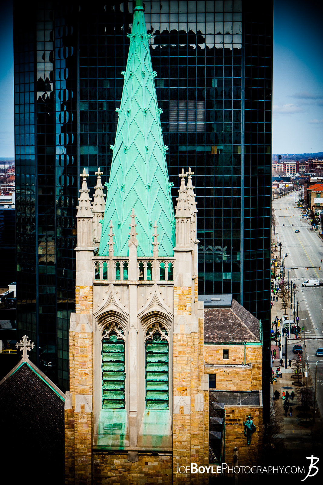  I took this photo from the rooftop of an adjacent building in downtown Cleveland, Ohio. I was able to get access to the roof after Cleveland's annual St. Patrick's Day Parade! This church is St. John's Cathedral on the corner of East 9th and Superior. (map) 