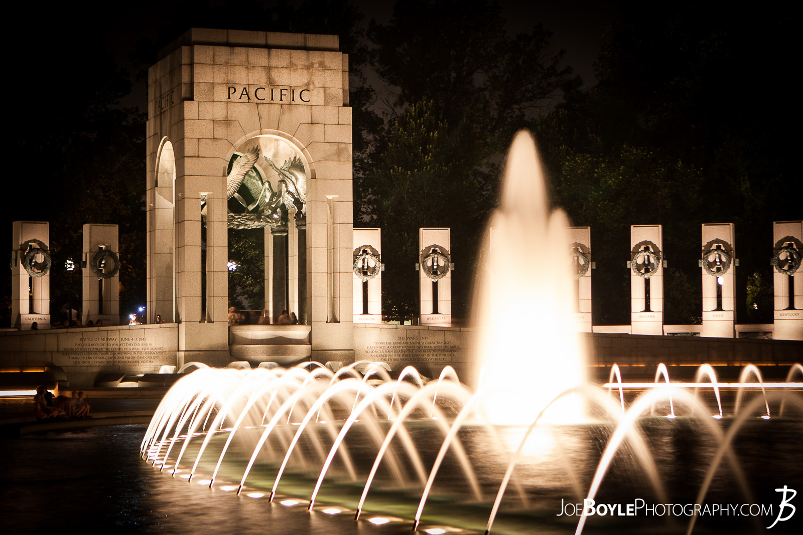  While I was in Washington, DC I was able to take some great night images of a few of the iconic landmarks that make up this city such as this image: The World War II Memorial! I love taking long exposure, night shots of moving water and fountains! 