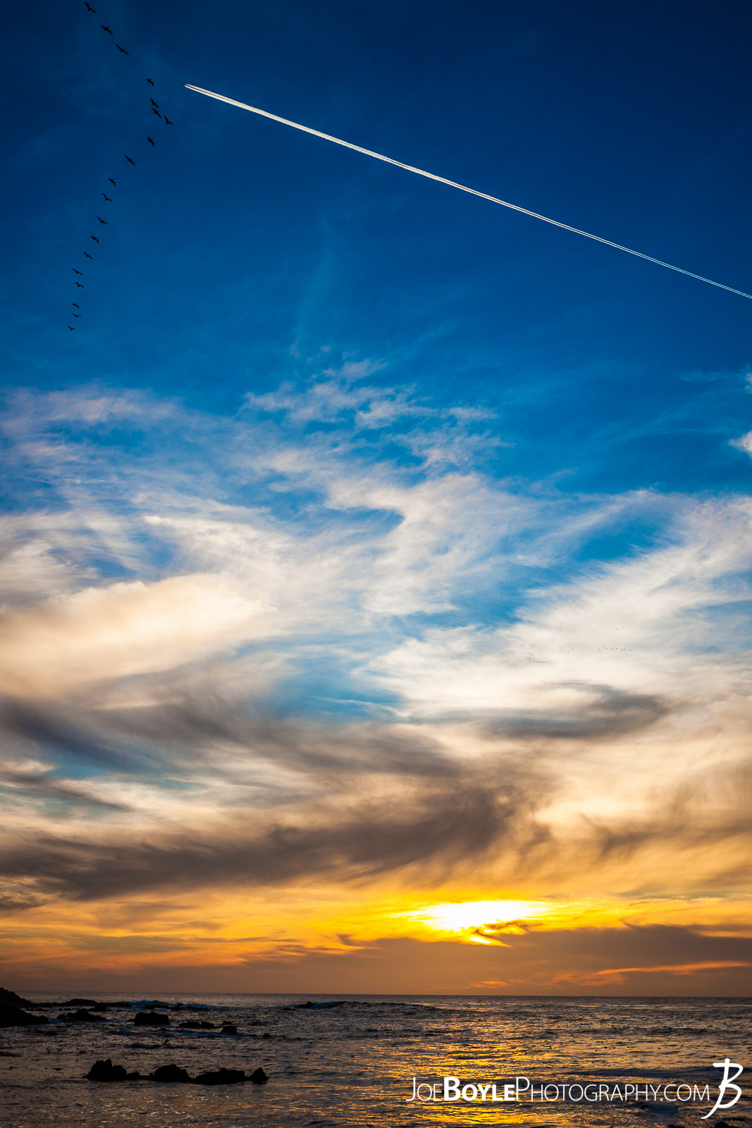  When I was traveling to Monterey, California I spent a lot of time just walking around the city, Pacific Grove and the sand dunes in the area. Here is a shot of a beautiful, golden sunset in Pacific Grove! I was lucky enough to capture a plane flying overhead and a flock of birds at the same time in this shot! 