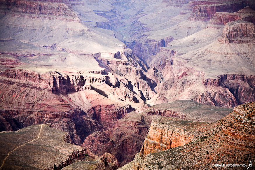 A picture of the Grand Canyon. This image was taken from the Bright Angel Trail.