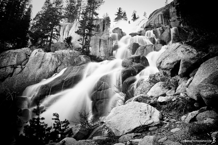 This waterfall scene was taken after a major river crossing on the John Muir Trail