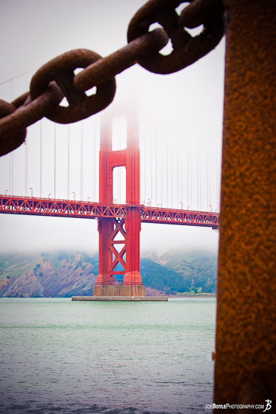 A photo of the San Francisco landmark taken from sea level.