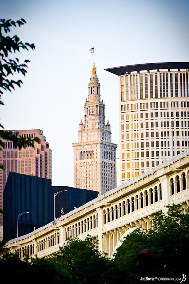 A photo of two history laden structures in Cleveland Ohio. The Veterans Bridge is also known as the Detroit-Superior Bridge.