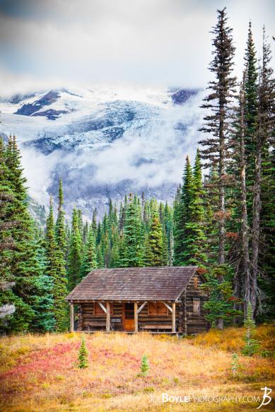 Indian Henry\\\'s Patrol Cabin with Mount Rainier as a beautiful backdrop! This was a short distance off of the main Wonderland Trail.