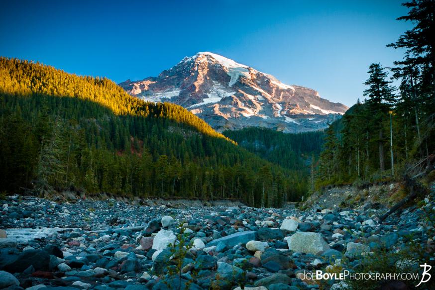 Mount Rainier Sunrise from the Paradise River crossing on The Wonderland Trail. We were on our way out of the Paradise River Campground and en route to the Longmire Trailhead.