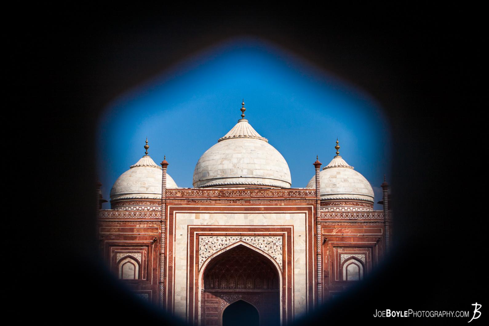 This picture is from the inside of the Taj Mahal looking at 1 of two mosques that are built right next to the Taj Mahal.